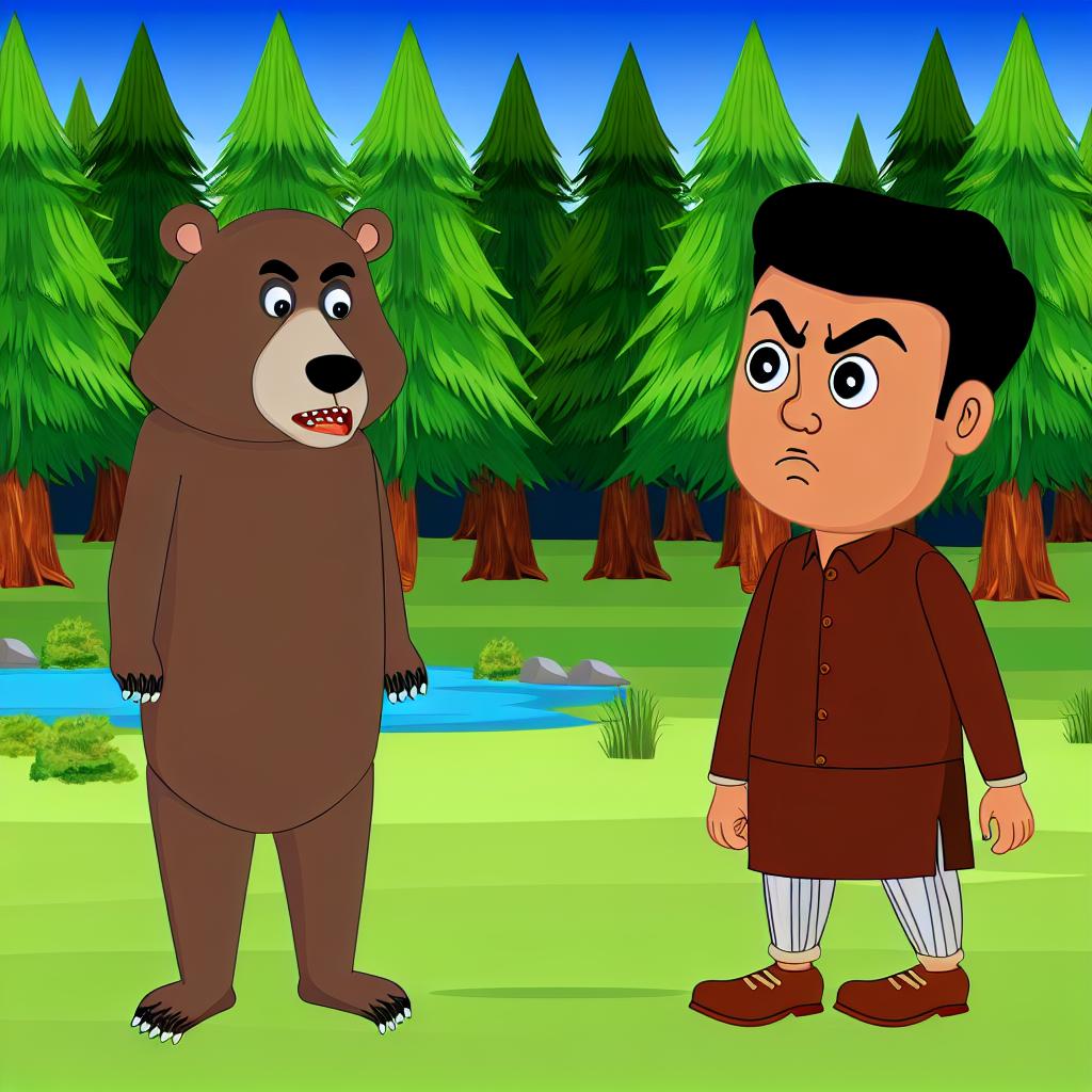 "A cartoon human facing a bear encounter, practicing calm behavior."