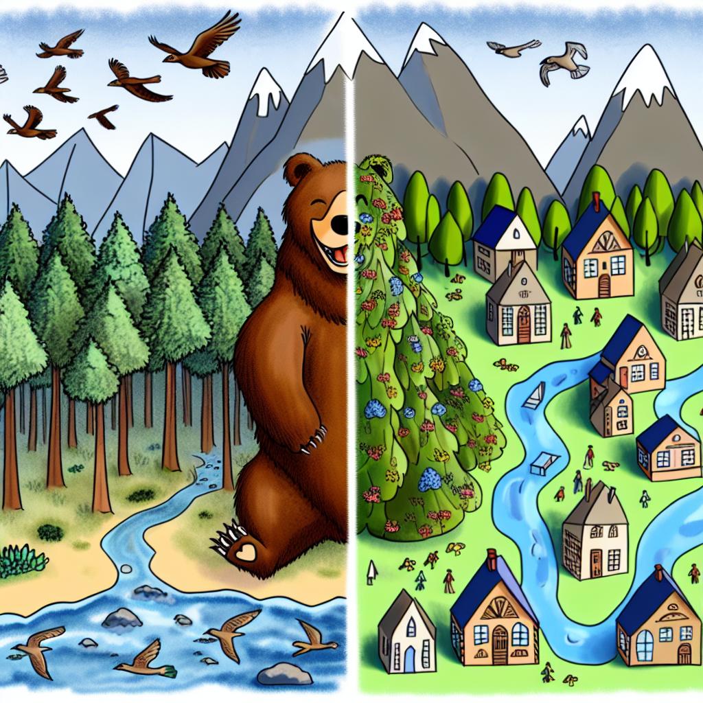 "A cartoon bear living near humans, balancing between nature and towns."