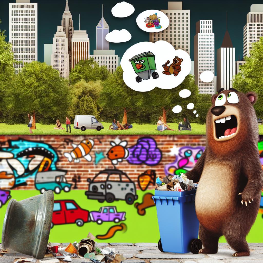 "A cartoon bear being lured by a trash can in an urban setting."