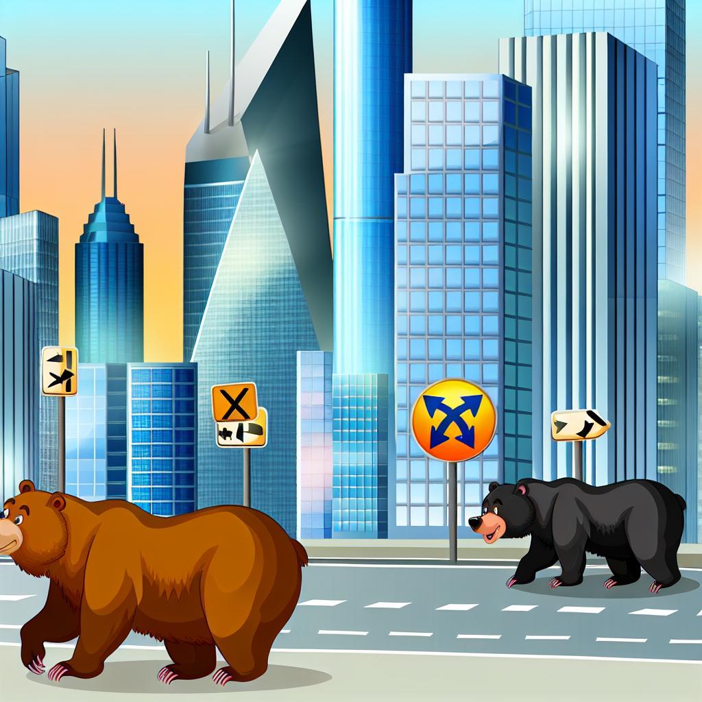"Cartoon urban bears wandering near skyscrapers and road signs."