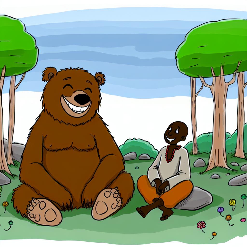 "A cartoon bear and human peacefully coexisting in shared habitats."