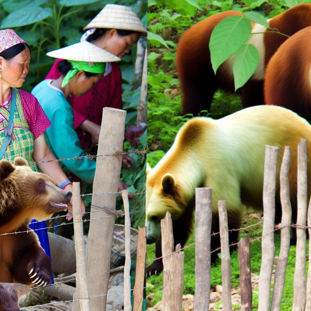 "Farmers and cartoon bears sharing a boundary with fences and mutual respect."