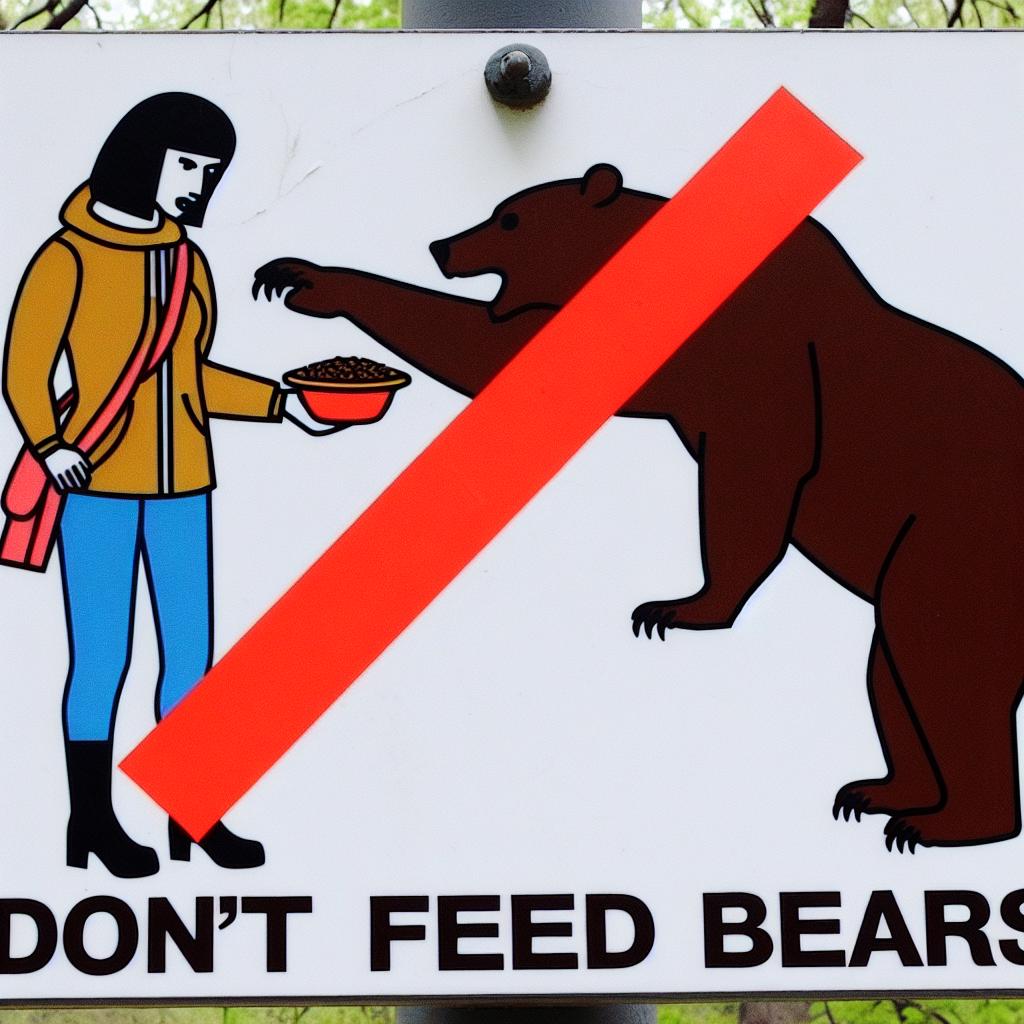 "A crossed-out cartoon of a human feeding a bear, emphasizing ‘Don’t Feed Bears.’"