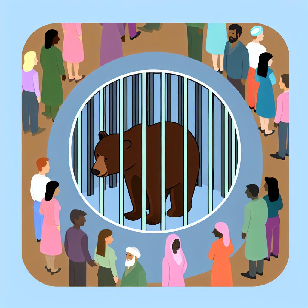"A cartoon bear behind bars, sparking discussion about captivity ethics."