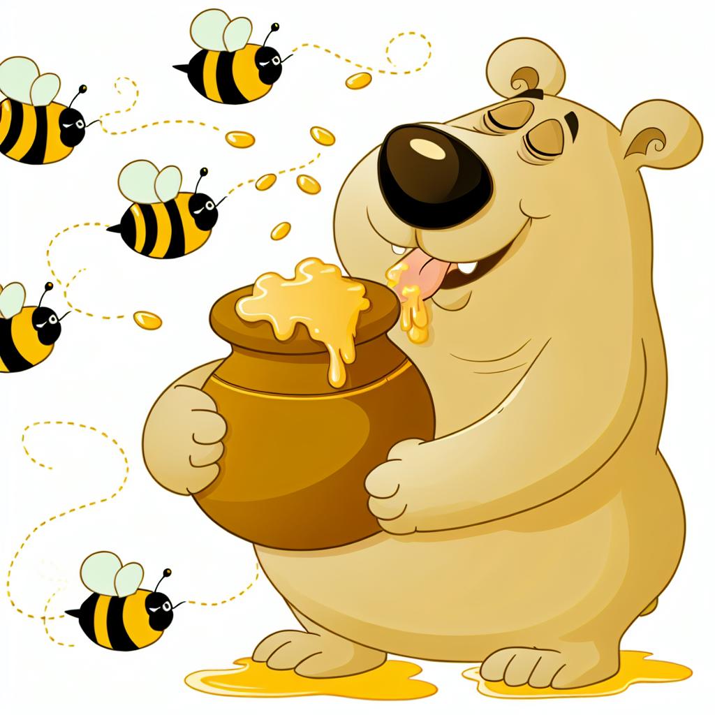 "A cartoon bear with a pot of honey, licking its paws happily, surrounded by honeybees."