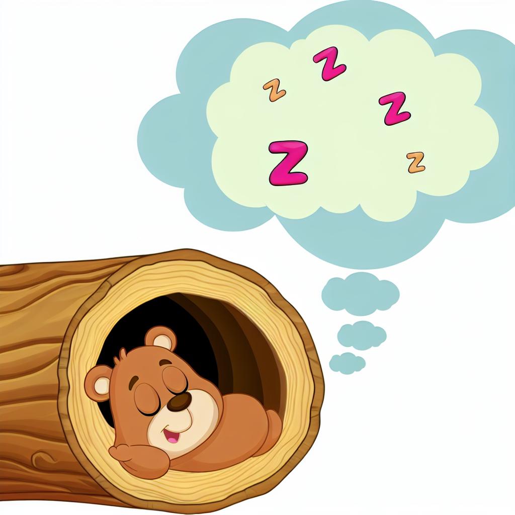 "A cozy cartoon bear napping in a hollow log, with dreamy ZZZ symbols."