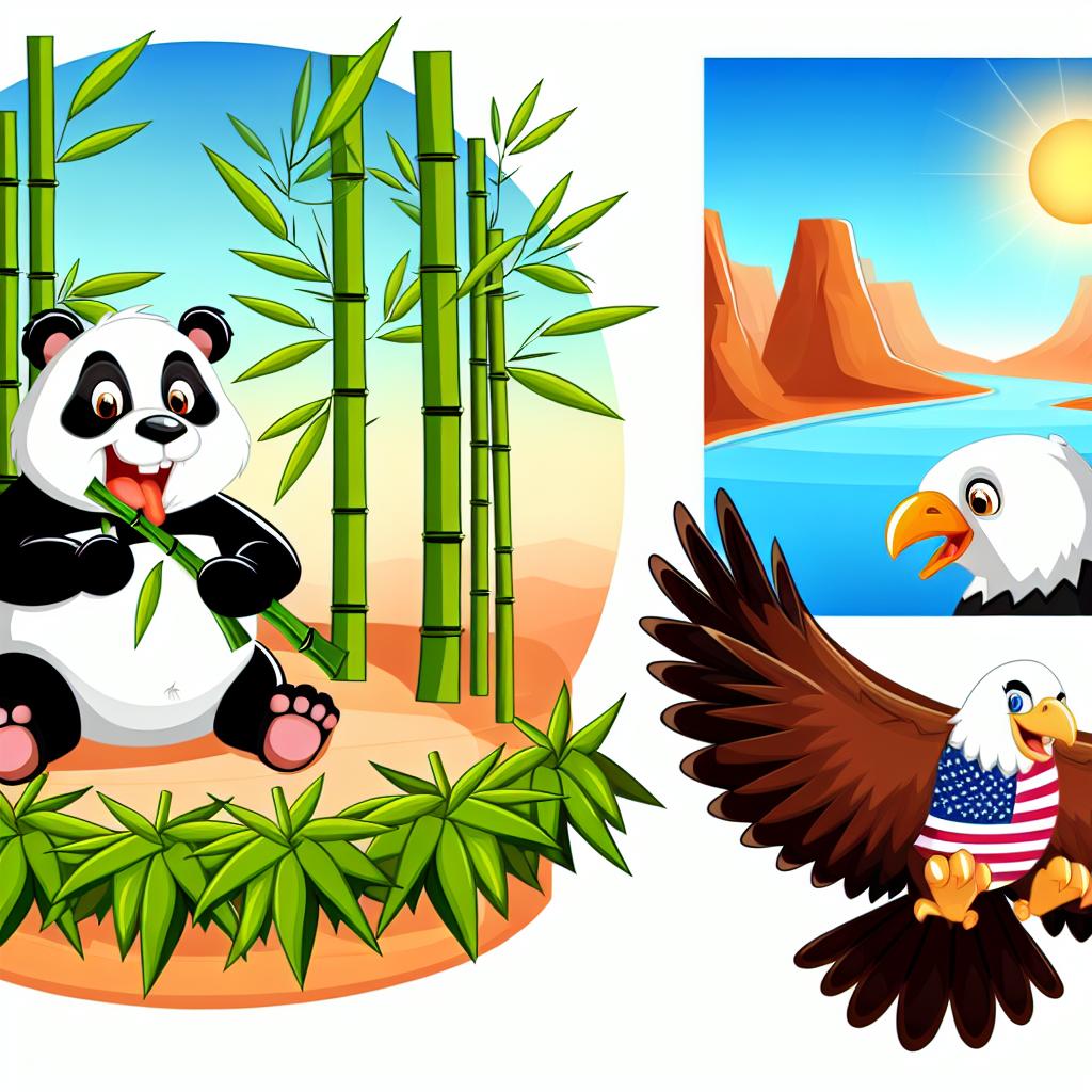 "Cartoon bears representing national symbols, like pandas for China and eagles for the US."