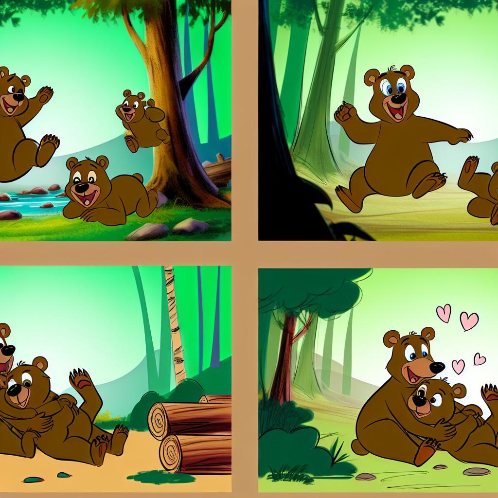 "Adorable cartoon bear cubs playing, tumbling, and snuggling together."