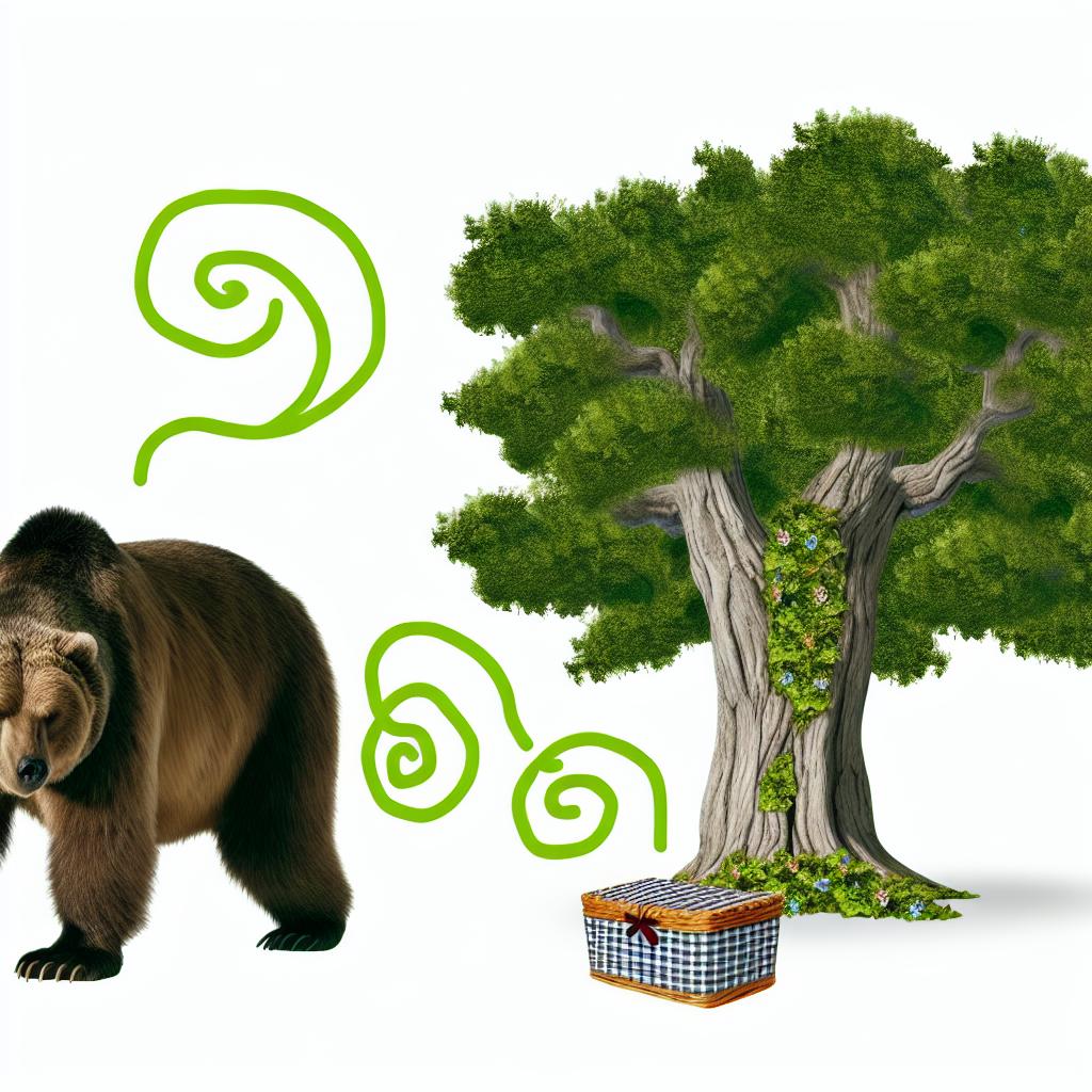 "A cartoon bear using its sense of smell to track a picnic basket hidden in the woods."
