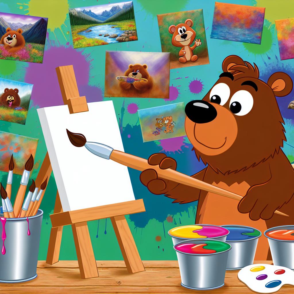 "A cartoon bear holding a paintbrush and canvas, recreating famous bear cartoons."