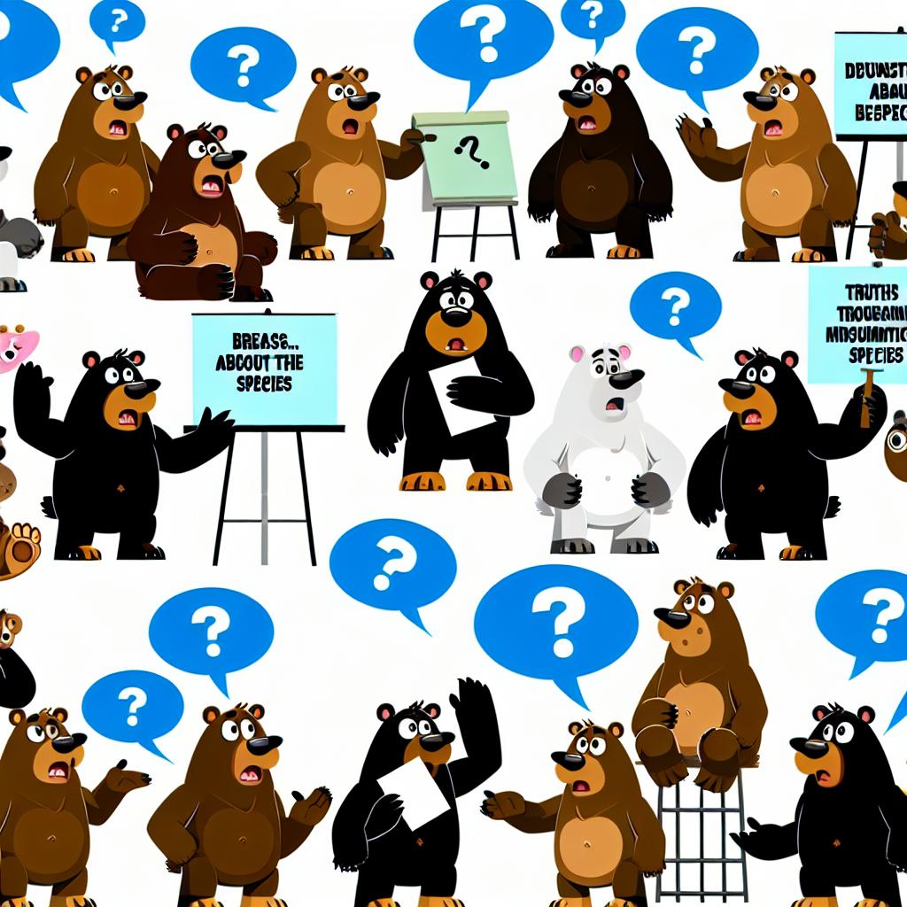 "A group of cartoon bears debunking myths about their species, with question marks and signs."