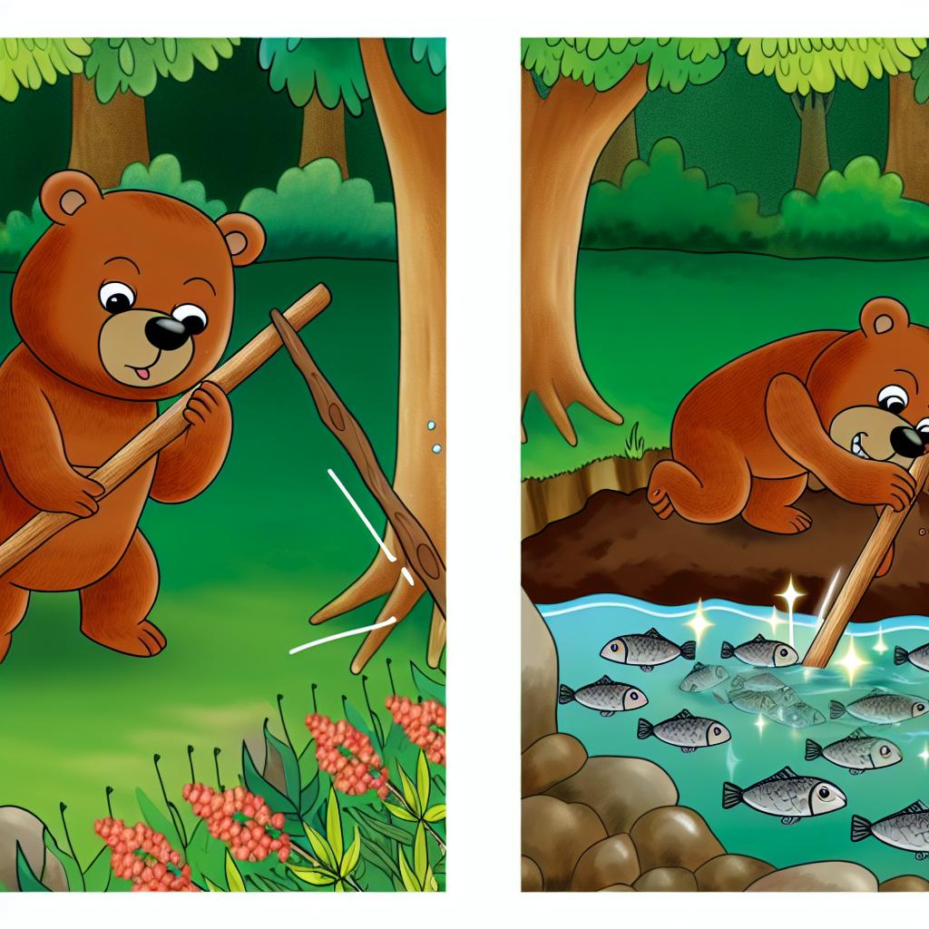 "A cartoon bear using a stick as a tool to fish or dig, showcasing its intelligence."