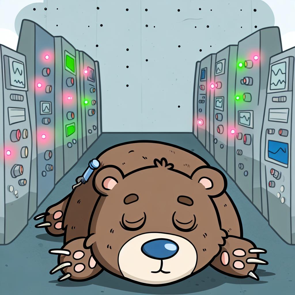 "A hibernating cartoon bear hooked up to scientific equipment for monitoring."
