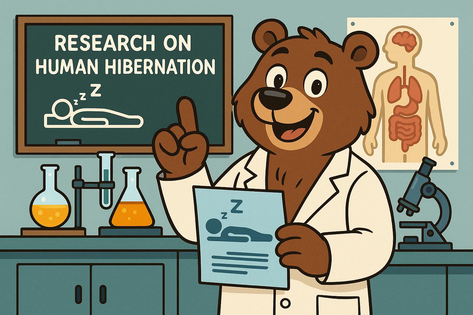 "A cartoon bear in a laboratory setting, inspiring research on human hibernation."
