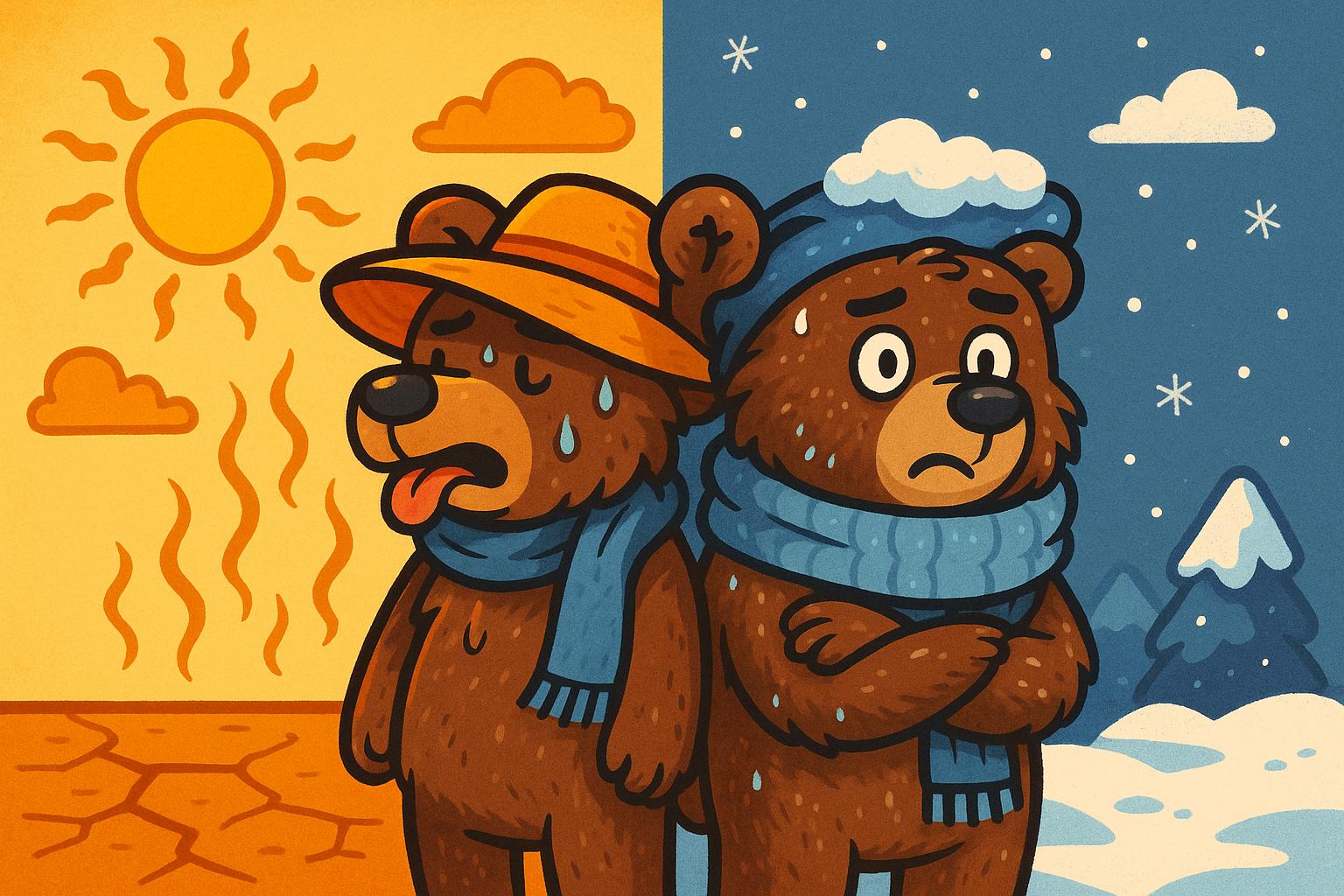 "A cartoon bear in extreme weather, surviving heat and cold with adaptations."