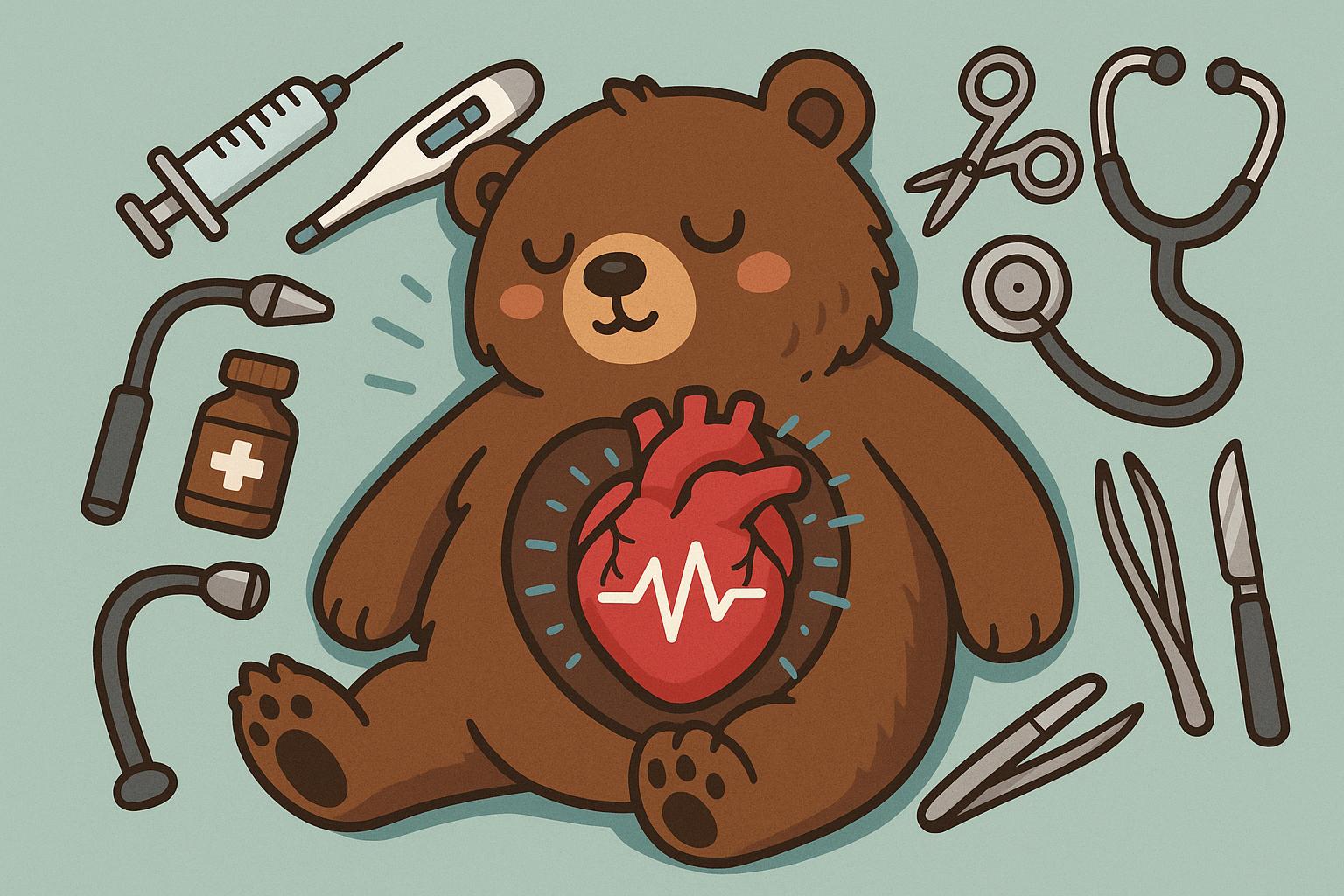 "A cartoon bear’s beating heart visualized during hibernation, surrounded by medical tools."