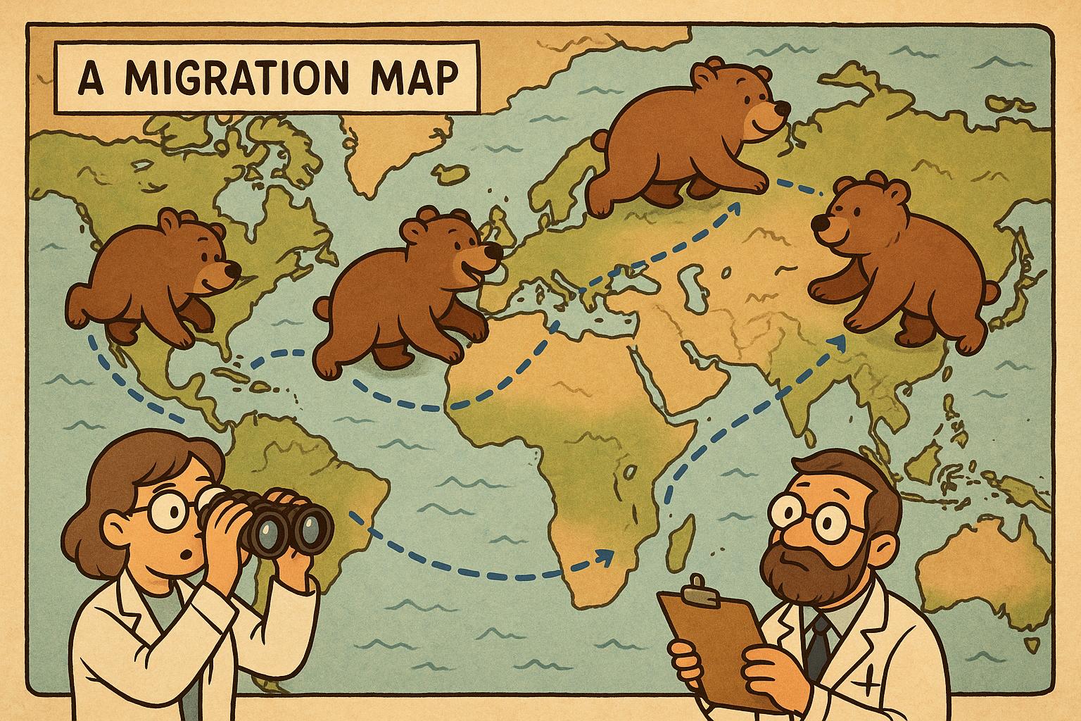 "A migration map with cartoon bears traveling vast distances and scientists observing."