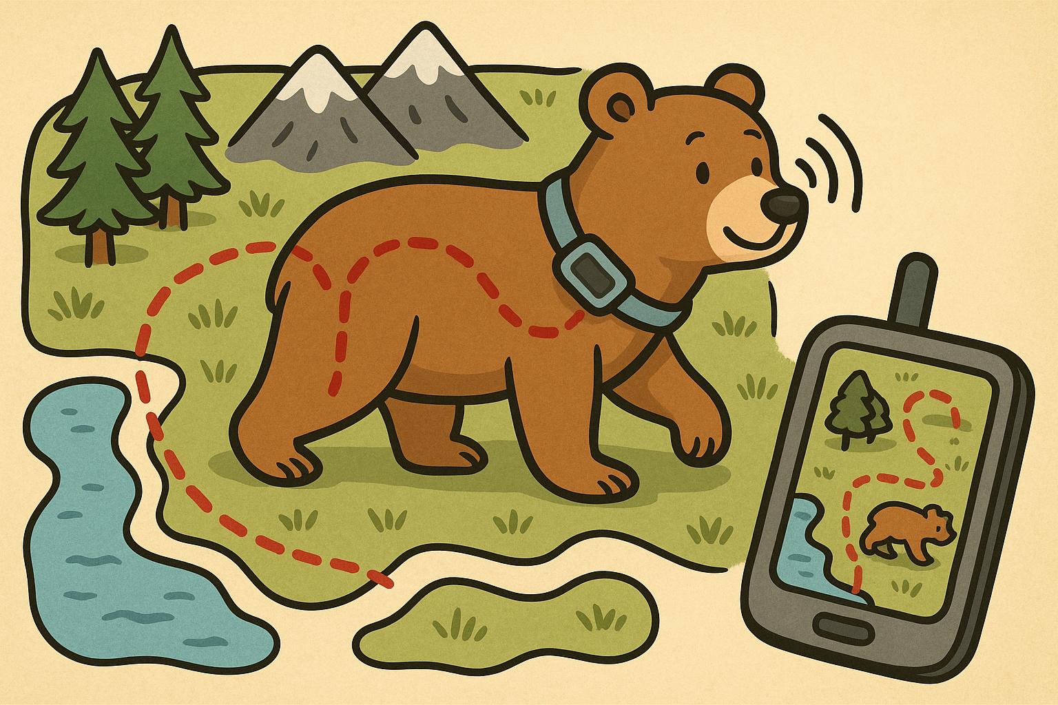 "A GPS tracker on a cartoon bear’s collar, showing its movement across habitats."