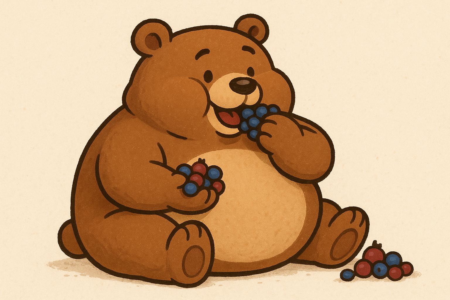 "A chubby cartoon bear used for research on obesity, munching on berries."