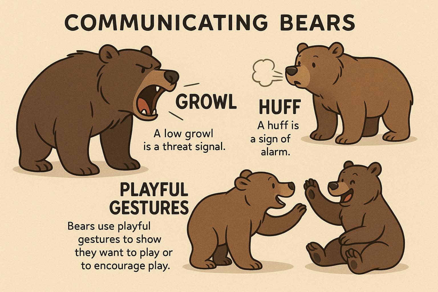 "Cartoon bears communicating with growls, huffs, and playful gestures, scientifically explained."