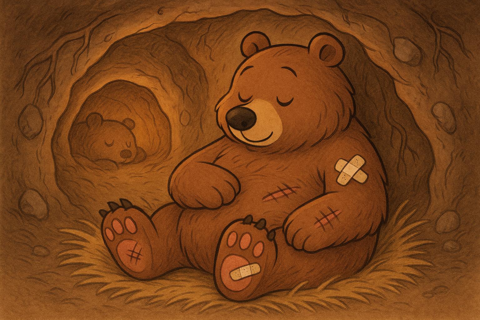"A hibernating cartoon bear healing its wounds while resting in its cozy den."