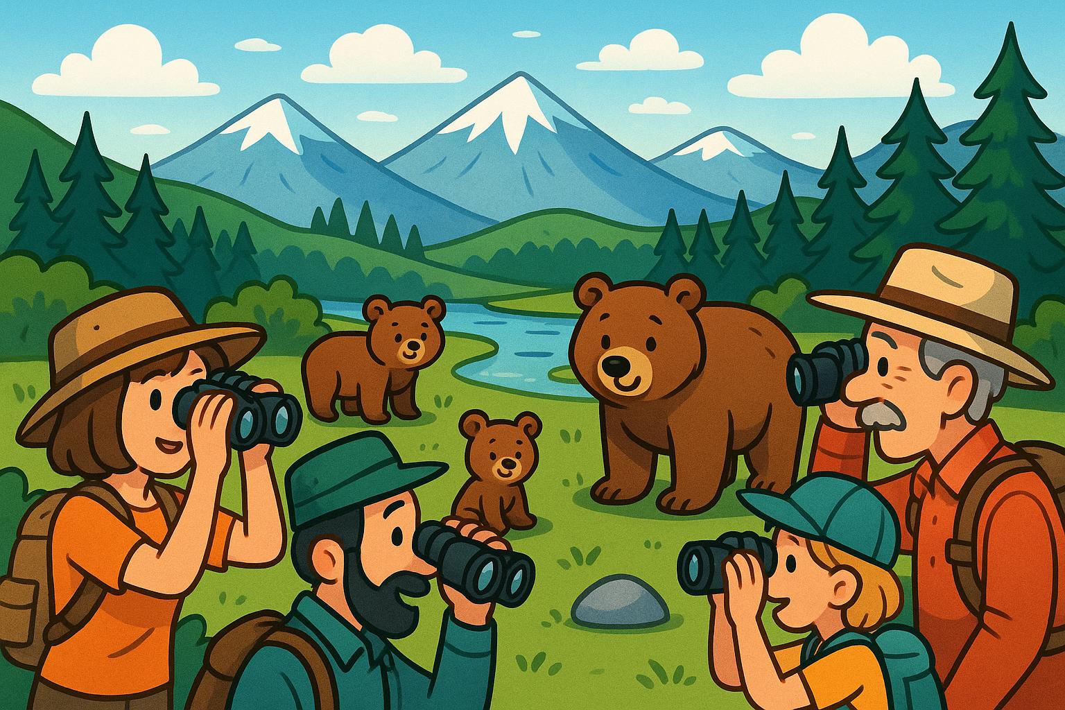 "A scenic landscape with cartoon bears in the wild, surrounded by tourists with binoculars."