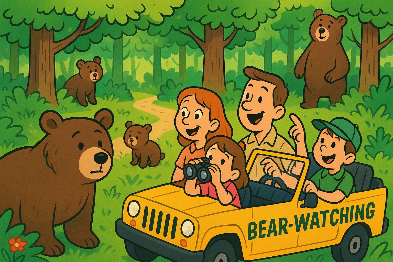 "A cartoon family on a bear-watching tour, spotting bears in a lush forest."