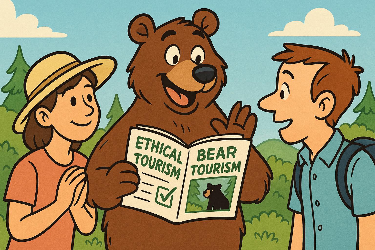 "A friendly cartoon bear explaining ethical bear tourism to humans, using a guidebook."
