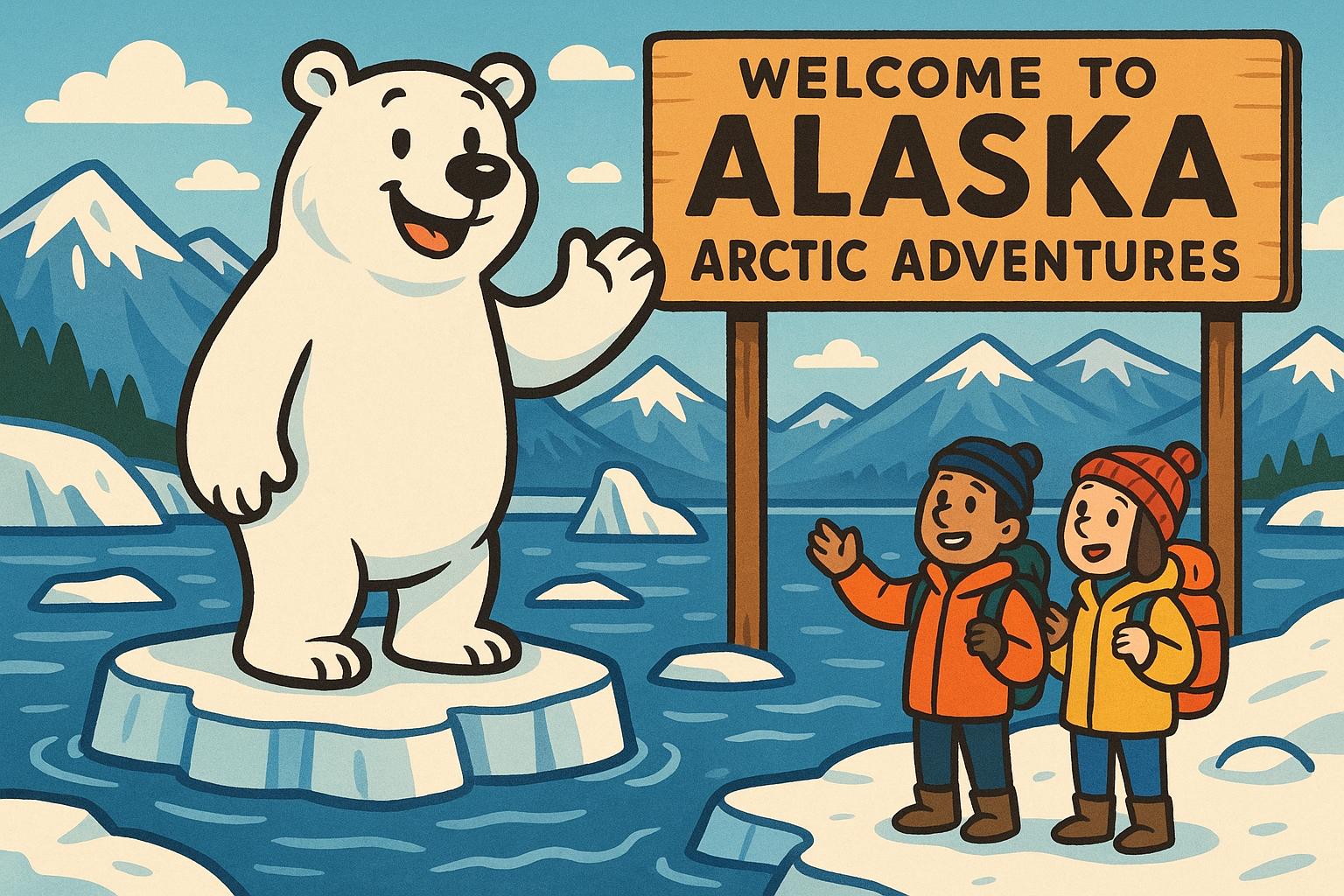 "A cartoon polar bear on icebergs in Alaska, drawing tourists for Arctic adventures."