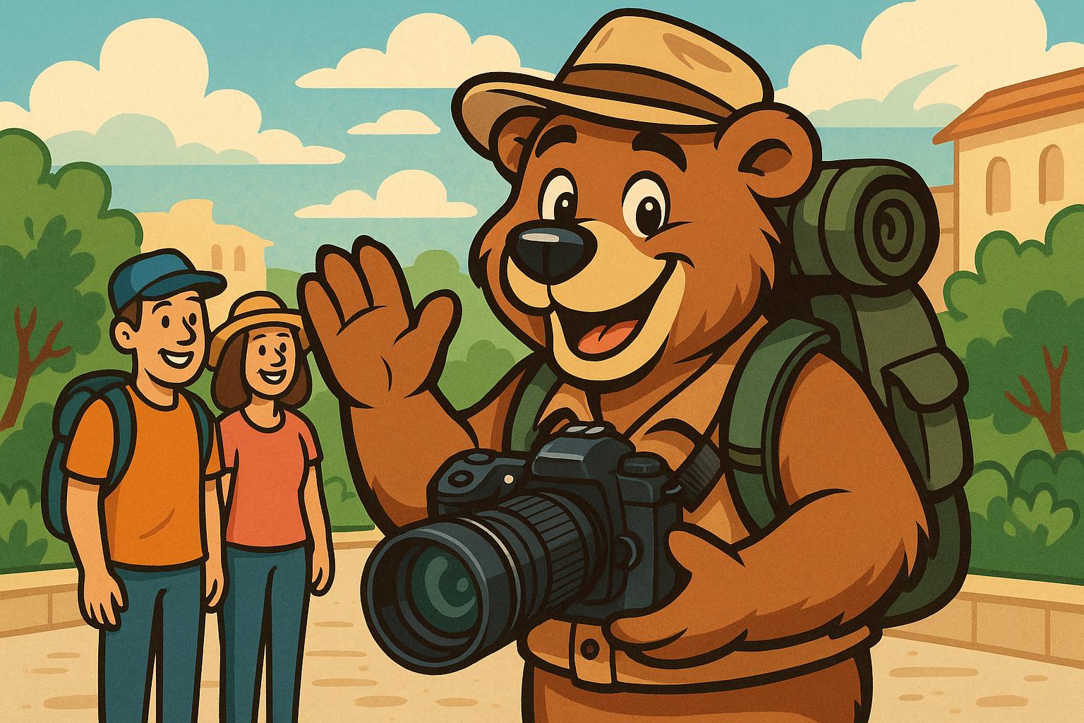 "A photographer cartoon bear posing for tourists with professional camera gear."