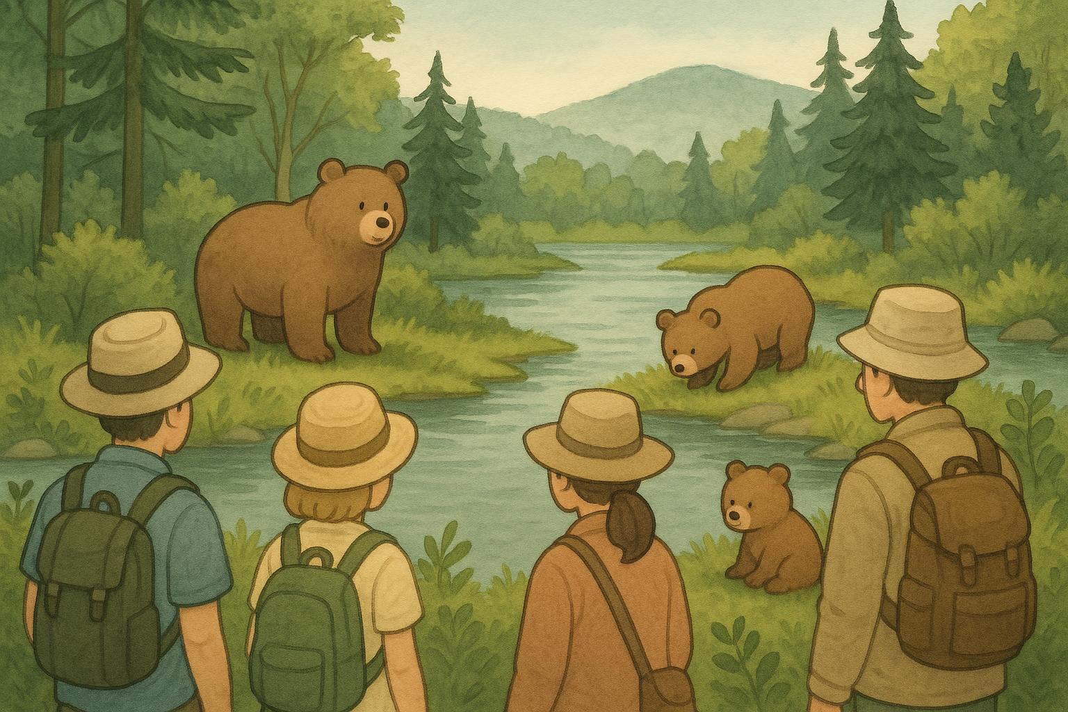 "A serene scene with tourists quietly observing cartoon bears in their natural habitat."