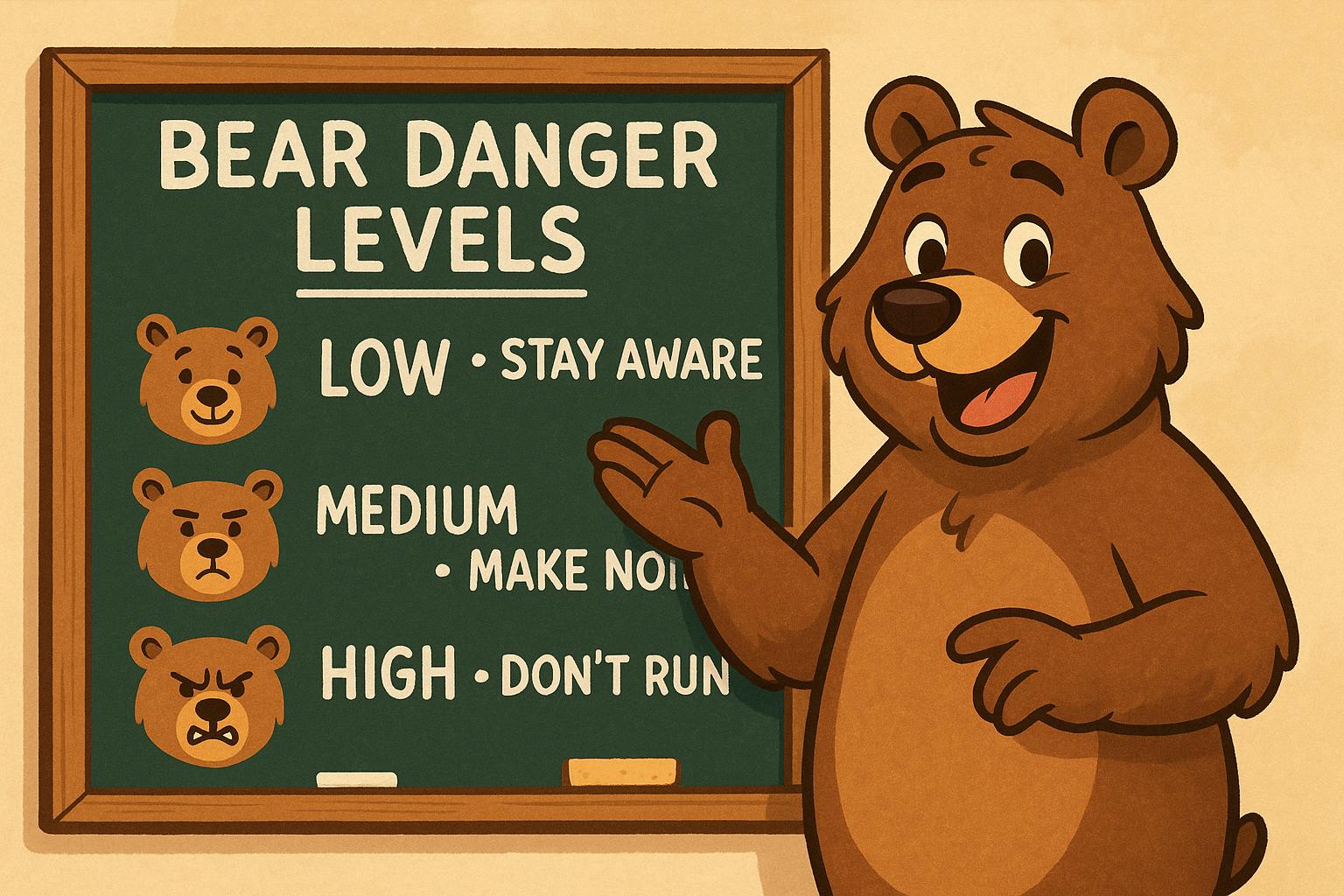 "A friendly cartoon bear explaining 'bear danger levels' with safety tips on a chalkboard."